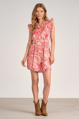 Elan Pink Leafy Floral Ruffle Sleeve Dress