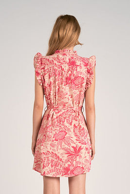 Elan Pink Leafy Floral Ruffle Sleeve Dress