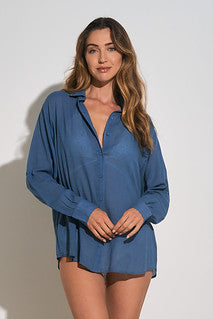 Elan Button Down Graphic Cover Up (Black or Blue)