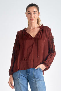 Elan Women's Tie-Neck Ruffled-Trim Long-Sleeve Top