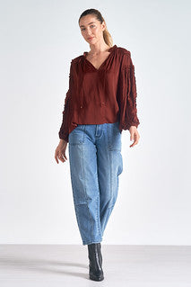 Elan Women's Tie-Neck Ruffled-Trim Long-Sleeve Top