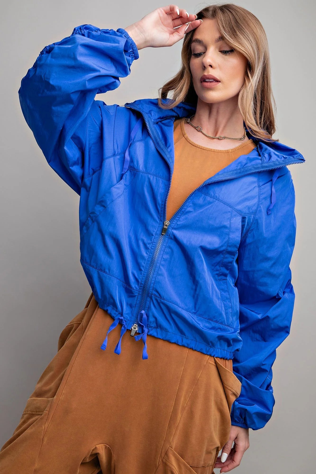 Easel Shiny Parachute Zip Up Windbreaker Royal Blue