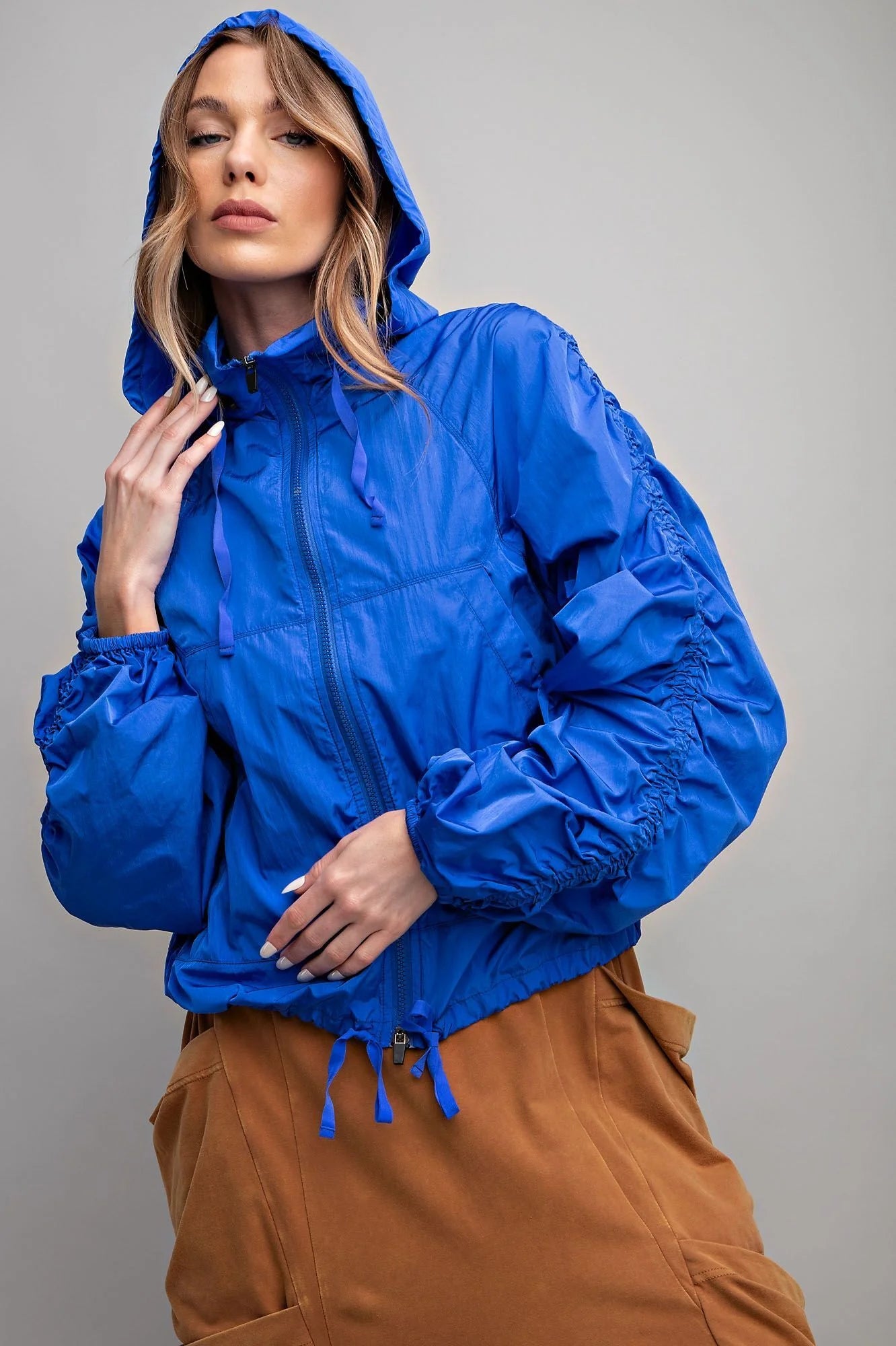 Easel Shiny Parachute Zip Up Windbreaker Royal Blue